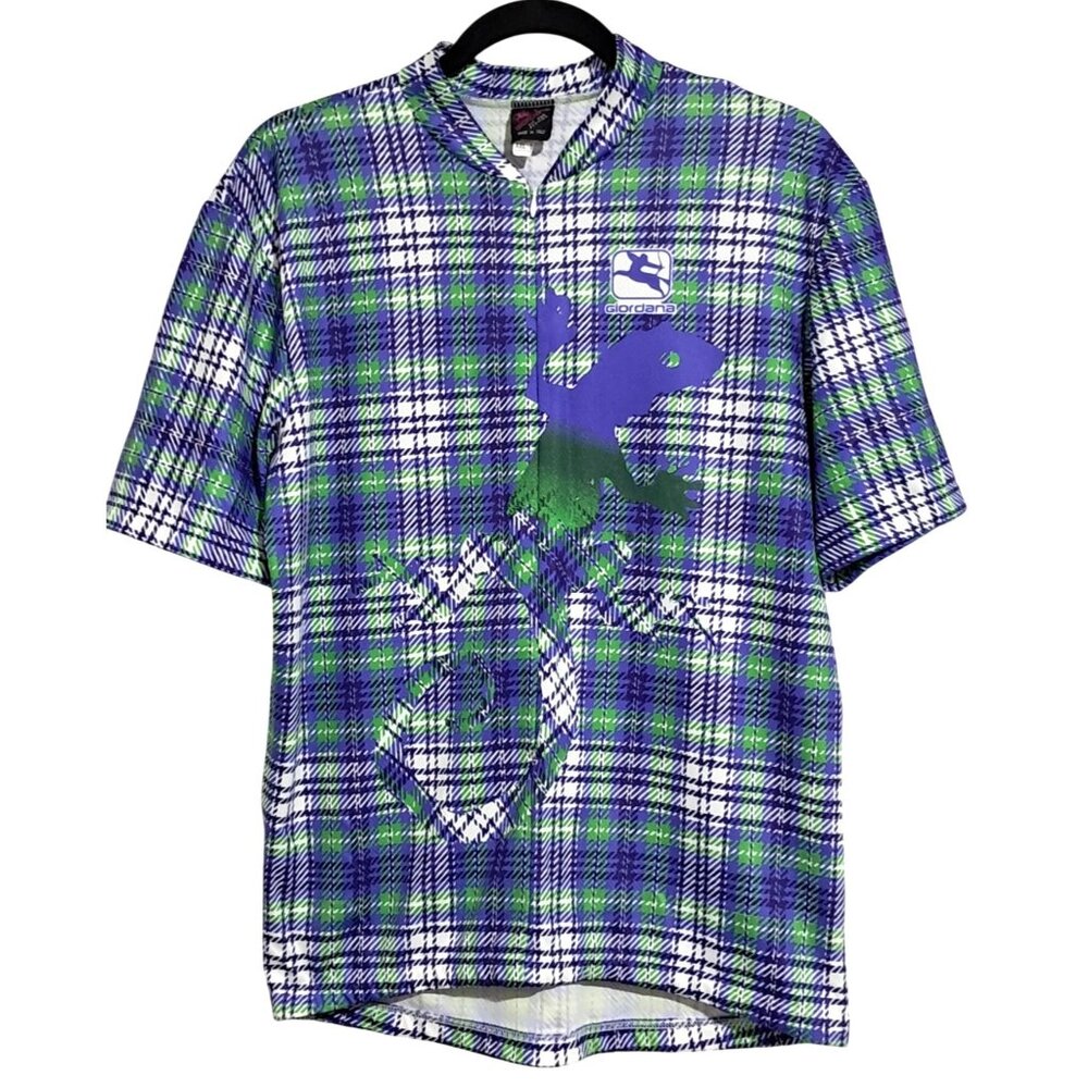 Vintage 1992 Giordana Mens XXL Cycling Jersey Green & Blue Plaid Polyester Tacte